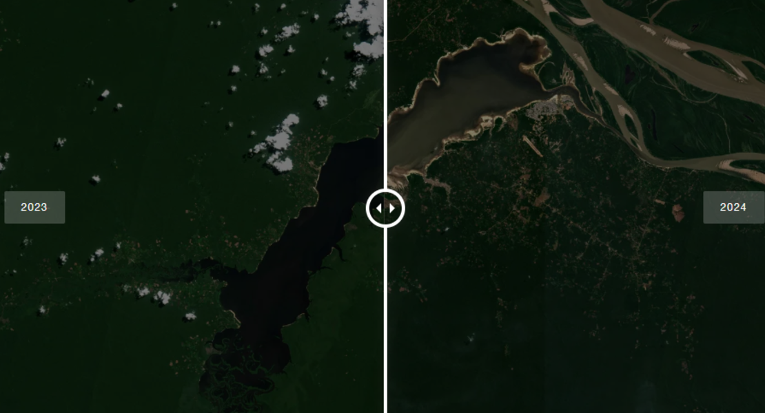 Imágenes satelitales del lago Tefé del 26 de agosto de 2023 frente al 25 de agosto de 2024 Copernicus, satélite Sentinel-2