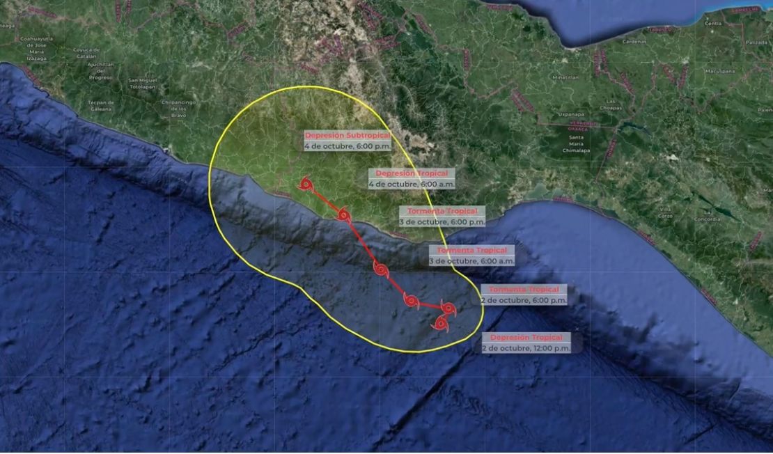 La trayectoria de la depresión tropical Once-E que se fortalecerá a tormenta tropical entre la noche del miércoles y la mañana del jueves. Crédito: SMN