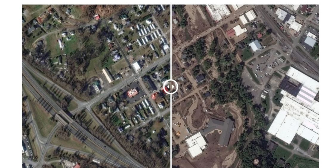 Las imágenes de antes y después muestran el impacto de las inundaciones causadas por el huracán Helene en Old Fort, Carolina del Norte. Imagen de satélite ©2024 Maxar Technologies