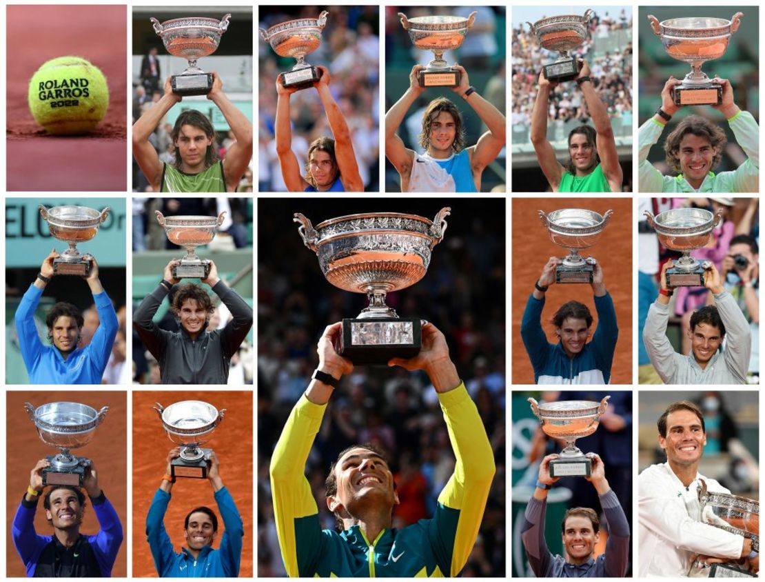 Esta combinación de imágenes de archivo creada el 5 de junio de 2022 muestra al español Rafael Nadal sosteniendo el trofeo, la Copa Mosqueteros (Los Mosqueteros) después de sus 14 victorias en el Abierto de Francia de tenis en Roland Garros el 5 de junio de 2005; el 11 de junio de 2006; el 10 de junio de 2007; el 8 de junio de 2008; el 6 de junio de 2010; el 5 de junio de 2011; el 11 de junio de 2012; el 9 de junio de 2013; el 8 de junio de 2014; el 11 de junio de 2017; el 10 de junio de 2018; el 9 de junio de 2019; el 11 de octubre de 2020 y el 5 de junio de 2022 (C). Nadal ganó su 14º Abierto de Francia y su 22º título de Grand Slam, ampliando su récord, con una goleada en sets corridos sobre Casper Ruud para convertirse en el campeón masculino de mayor edad en Roland Garros.