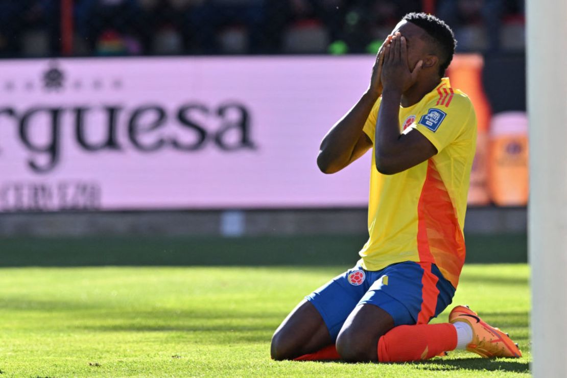 Colombian striker John Cordova reacts after missing a goal during a South American qualifying soccer match at the Municipal Stadium in El Alto, Bolivia, October 10, 2024. Photo: AIZAR RALDES/AFP via Getty Images