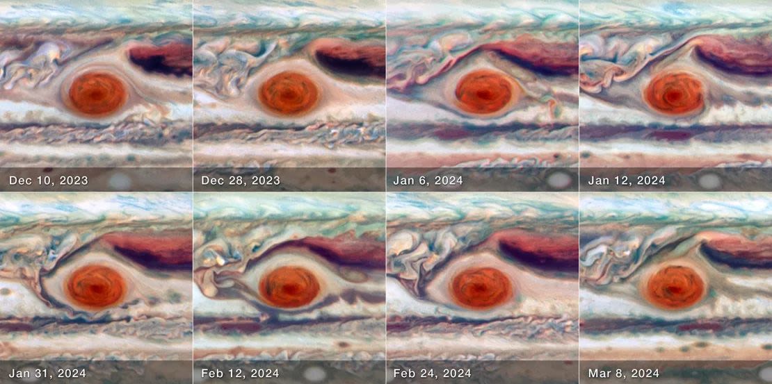 Las imágenes de Hubble permitieron a los científicos medir el tamaño, la forma, el brillo y el color de la Gran Mancha Roja durante un ciclo completo de oscilación.