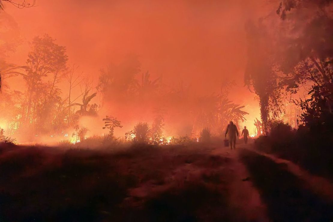 Voluntarios y bomberos combaten los incendios que se salieron de control durante la quema de bosques y pastos con fines agrícolas en Rurrunabaque, departamento de Beni, Bolivia, el 16 de noviembre de 2023.