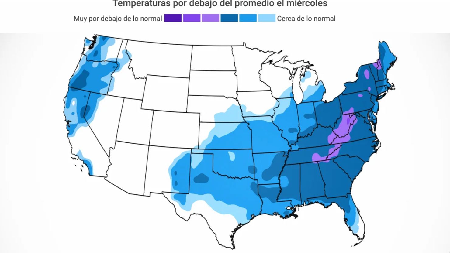 Es probable que este miércoles haya temperaturas similares a las que suele haber noviembre en gran parte de Estados Unidos.