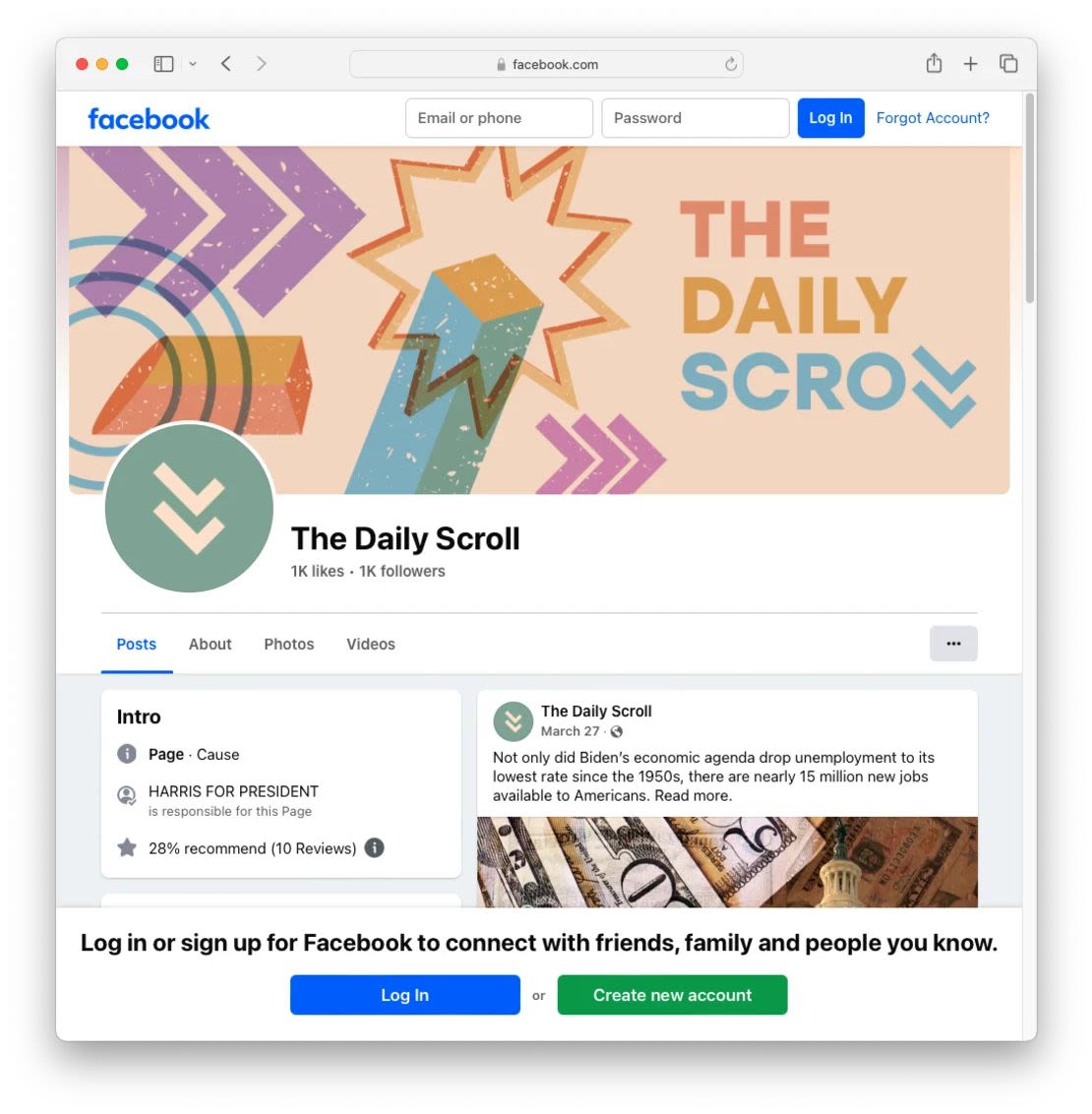 Una captura de pantalla de The Daily Scroll, una página de Facebook gestionada por la campaña Harris for President.Desde Facebook.