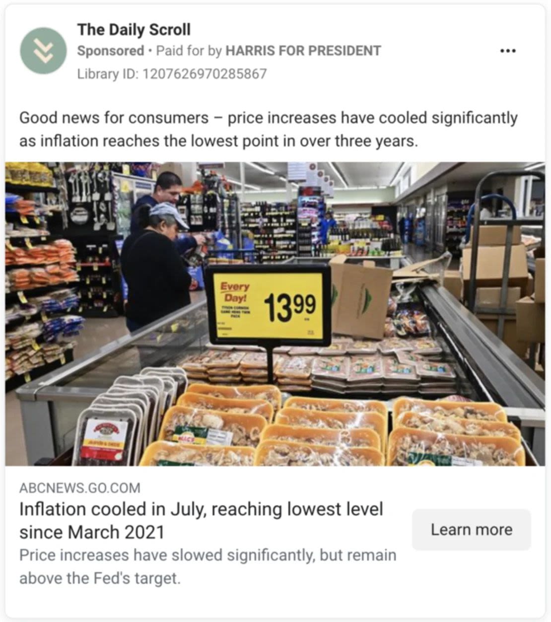 Un anuncio de la campaña de Harris en Facebook promocionando un informe de ABC News sobre la desaceleración de la inflación.Desde Facebook.