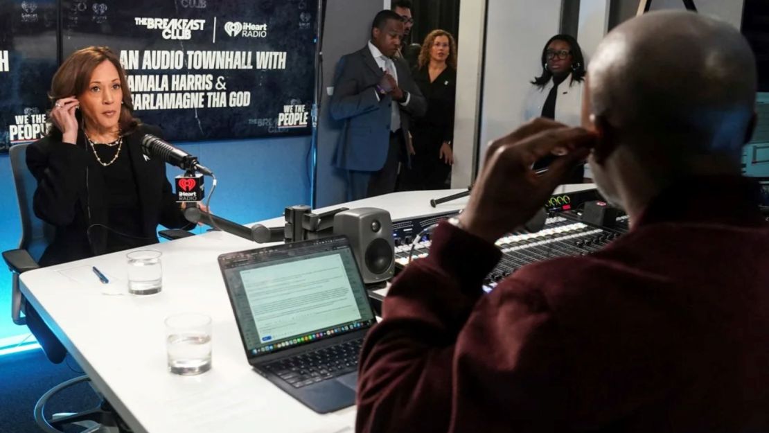 Vice President Kamala Harris participates in an interview with radio host Charlamagne Tha God in Detroit on October 15, 2024.