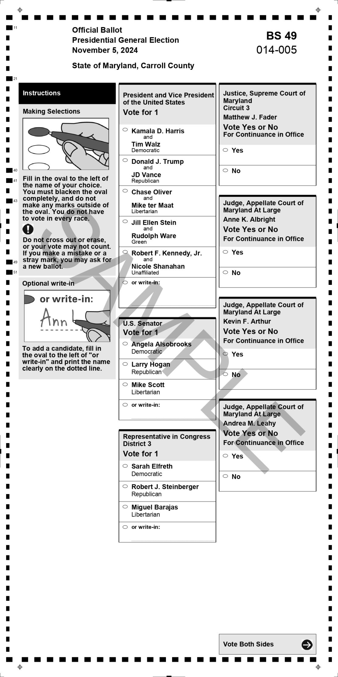 Boleta del distrito electoral 14-005 del condado de Carroll, en Maryland, para las elecciones presidenciales del 5 de noviembre.