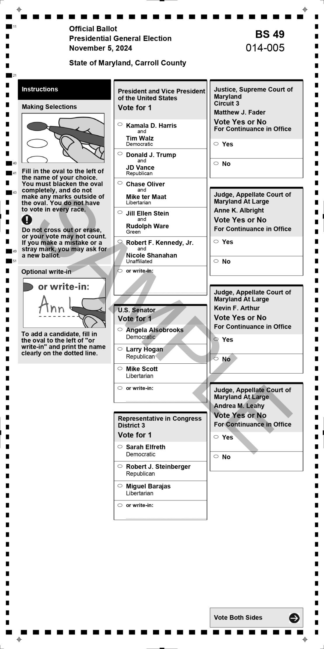 Boleta del distrito electoral 14-005 del condado de Carroll, en Maryland, para las elecciones presidenciales del 5 de noviembre.
