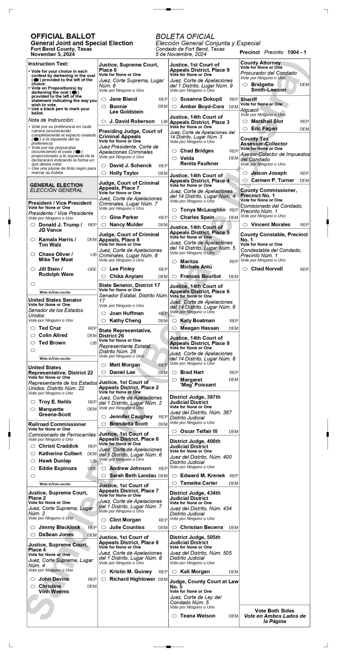 Boleta del distrito electoral 1004-1 del condado de Fort Bend, en Texaspara las elecciones presidenciales del 5 de noviembre.