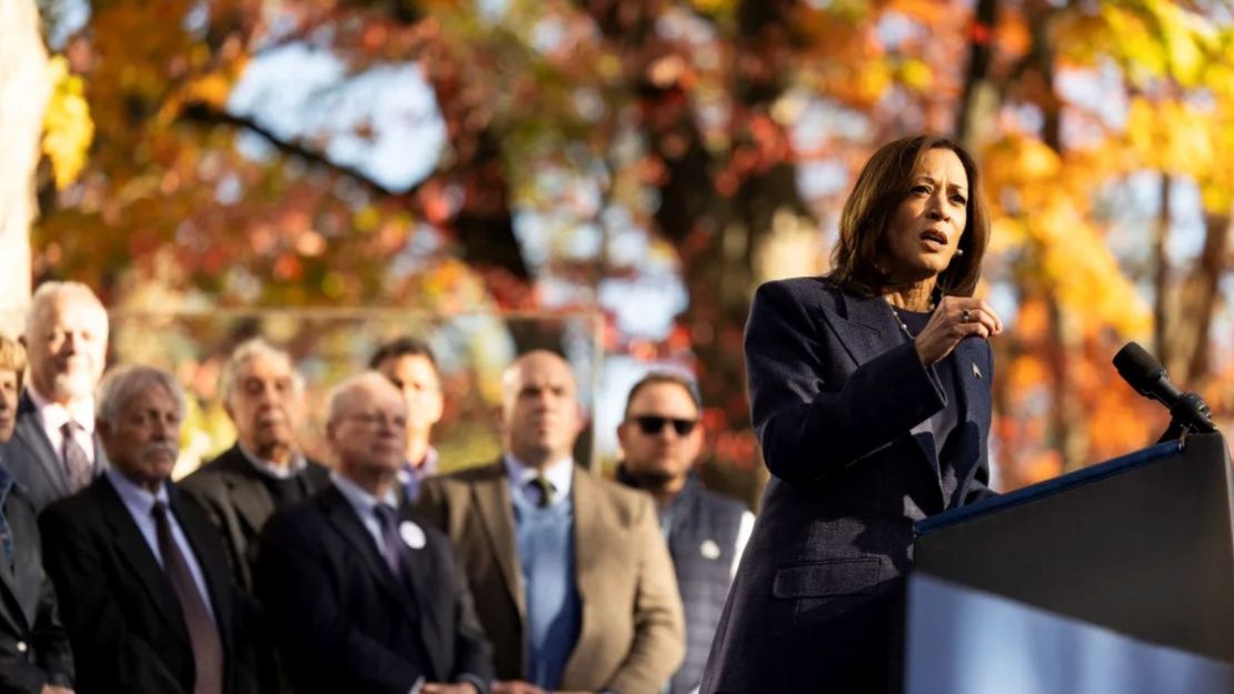 Vice President Kamala Harris speaks at a campaign event at Washington Crossing Historical Park with Republican supporters, in Washington Crossing, Pennsylvania, on October 16, 2024.