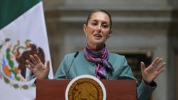 Mexican President Claudia Sheinbaum speaks during the High Level Summit between Mexican and US leaders and businessmen at the National Palace in Mexico City on October 15, 2024. (Photo by Yuri CORTEZ / AFP)