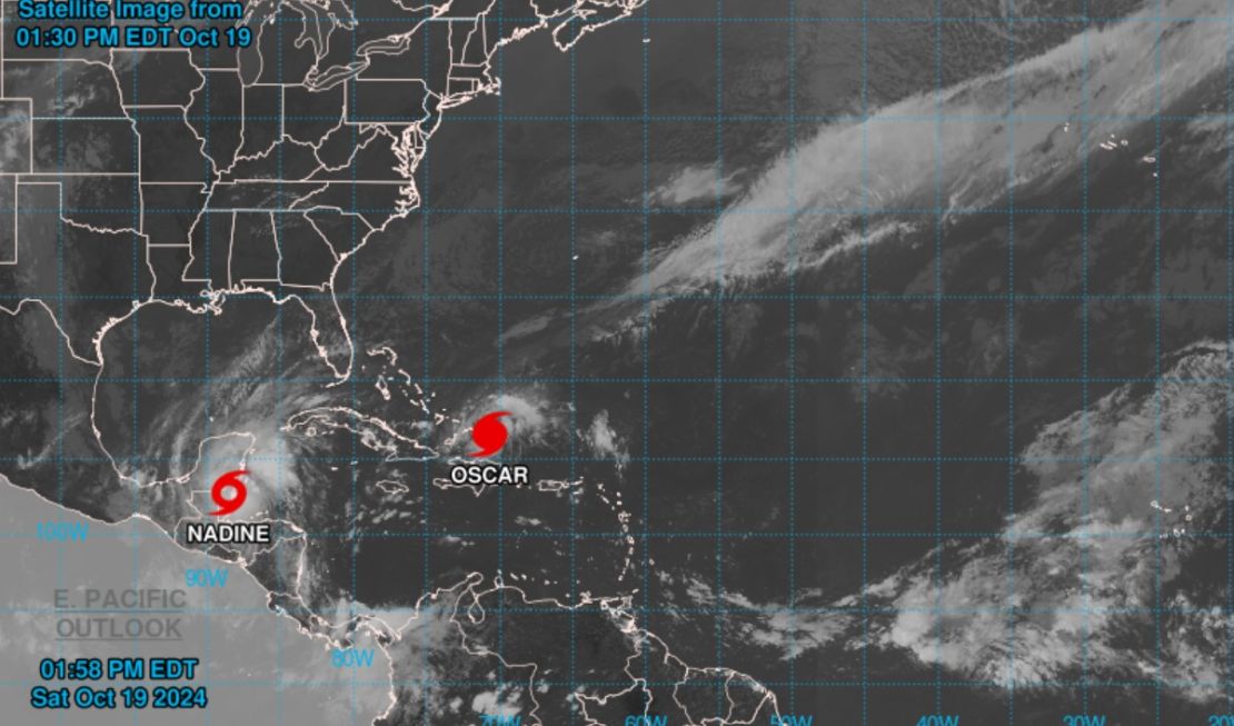 La tormenta tropical Nadine y el huracán Oscar en el océano Atlántico el 19 de octubre de 2024.