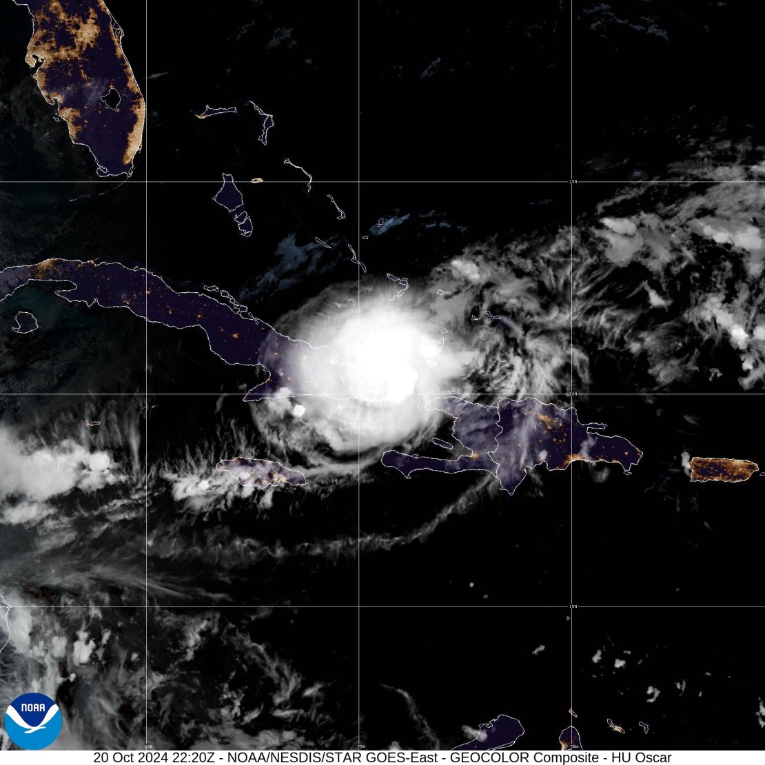 Vista satélite del huracán Oscar en la tarde del 20 de octubre de 2024. Crédito: NOAA