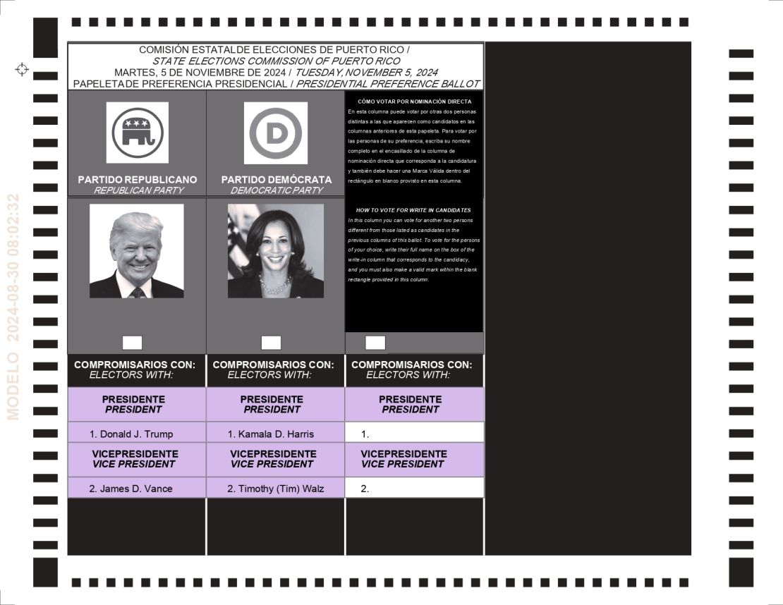 Una papeleta de muestra de preferencia presidencial que se usará en Puerto Rico para las elecciones generales de EE.UU.