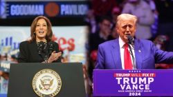 Kamala Harris en un mitin de campaña en Pensilvania y Donald Trump en un mitin de campaña en Nueva York, el 27 de octubre de 2024.