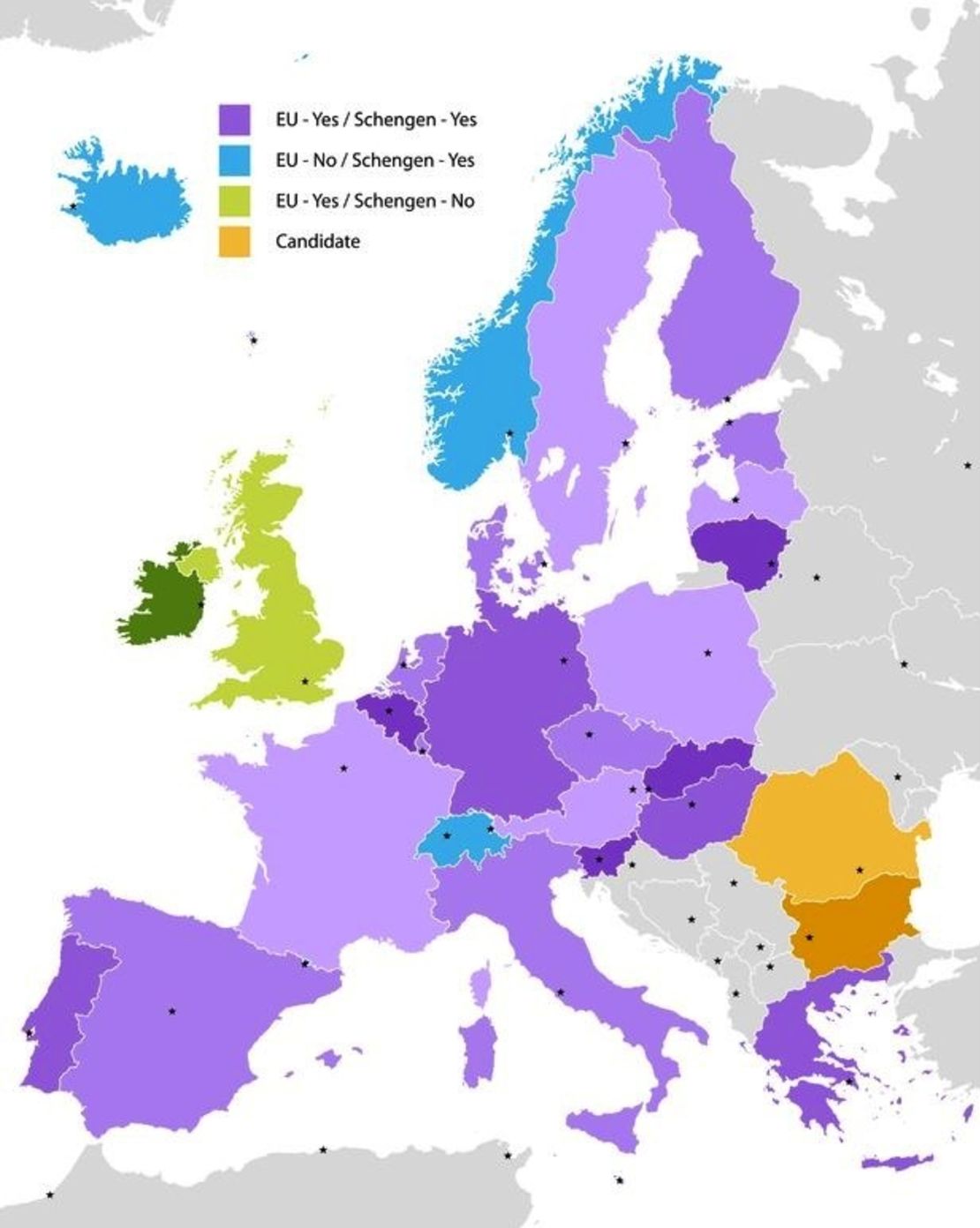 En el mapa, el territorio morado corresponde a los países que hacen parte de la UE y para su ingreso se necesita visa Schengen; en azul, los países que no hacen parte de la UE y a los que se necesita la visa para ingresar. En verde, los territorios en los que no aplica este documento, y en amarillo, países candidatos a ser parte del territorio Schengen.