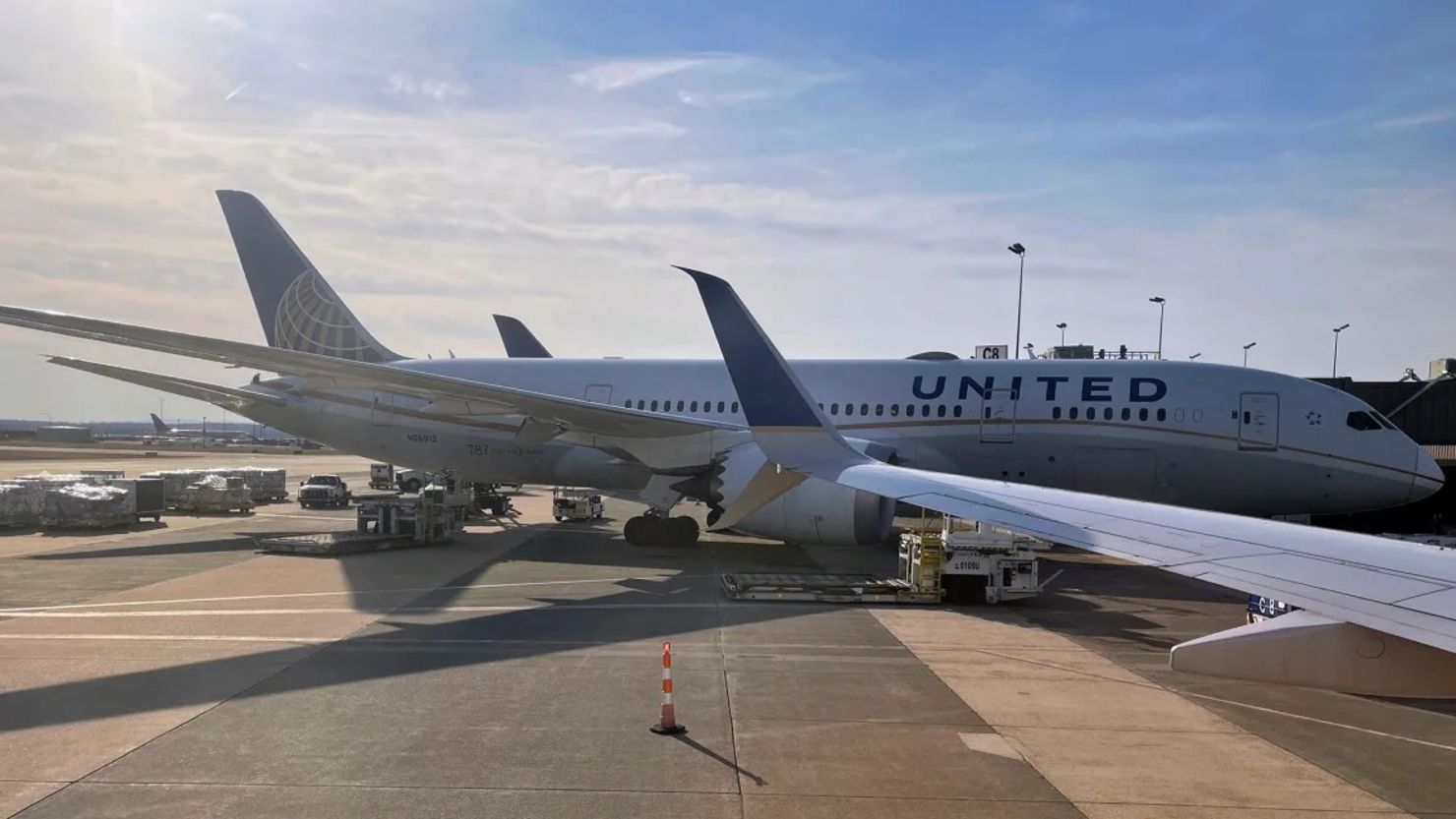 Un Boeing 787-8 Dreamliner de United Airlines está estacionado en una puerta del Aeropuerto Internacional Dulles Washington en esta foto de archivo de marzo de 2021. Crédito: Daniel Slim/AFP/Getty Images/Archivo.