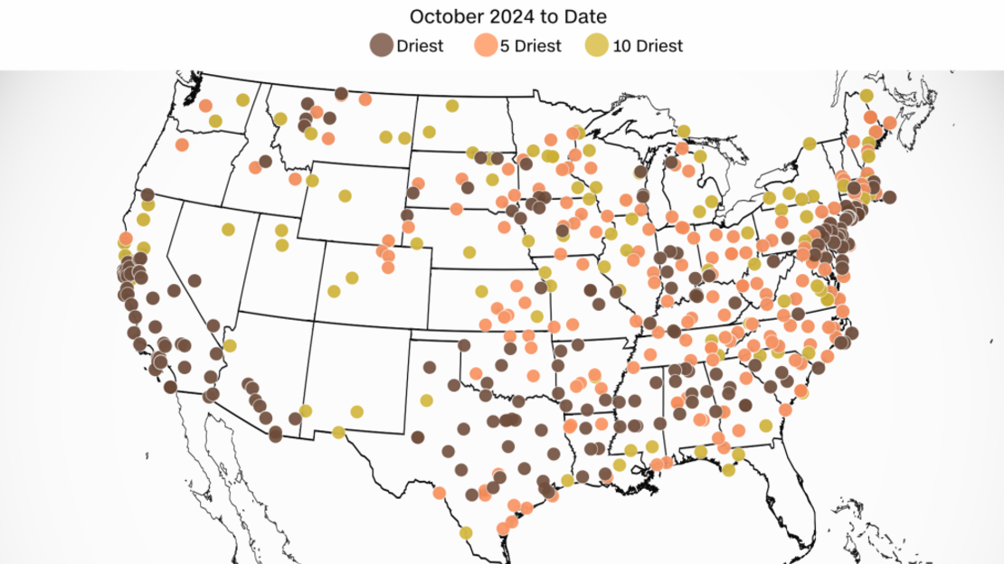 Este mes será uno de los octubres más secos registrados en cientos de localidades de los 48 estados más bajos. Crédito: CNN Weather