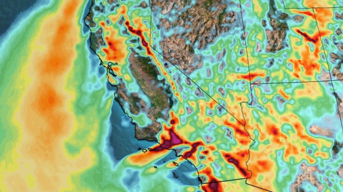 Ráfagas de viento fuertes (amarillos, naranjas, rojos y morados) soplando sobre California y partes del Suroeste este miércoles. (CNN Weather).