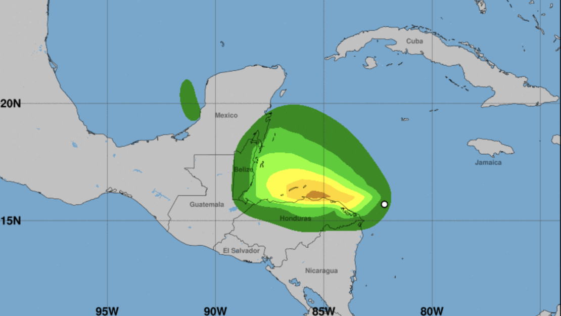 Probabilidades de velocidades sostenidas del viento en la superficie de la tormenta tropical Sara.