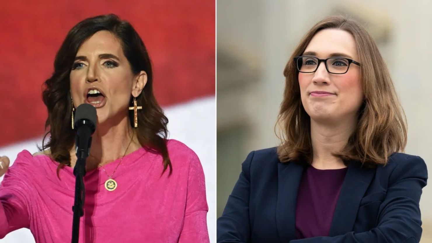 La representante Nancy Mace, republicana de Carolina del Sur, habla durante la Convención Nacional Republicana de 2024 en el Foro Fiserv en Milwaukee, Wisconsin, el 17 de julio de 2024. (Derecha) La representante electa Sarah McBride, demócrata por Delaware, en las escaleras de la Cámara de Representantes el 15 de noviembre de 2024.
