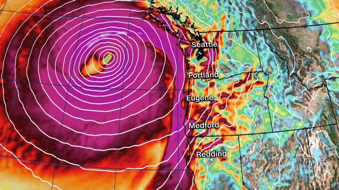 Fuertes vientos azotarán partes de la costa oeste el martes por la noche. Los rojos y morados representan los vientos más fuertes de la tormenta. Los amarillos y naranjas todavía son bastante racheados. CNN