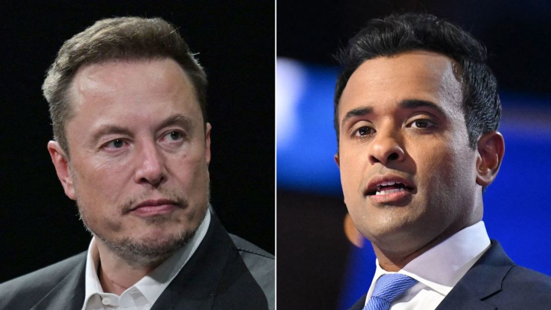 Elon Musk (izquierda) y Vivek Ramaswamy fueron propuestos para dirigir el nuevo "Departamento de Eficiencia Gubernamental".