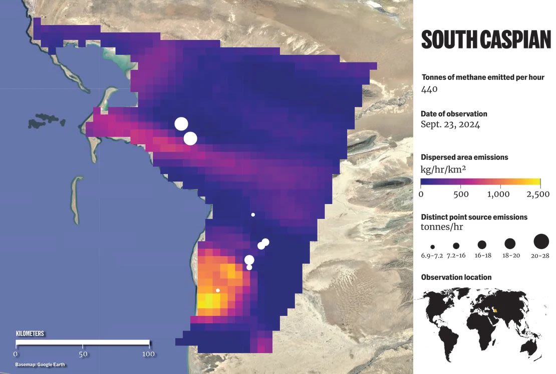 La cuenca del Caspio sur está contaminando 440 toneladas (más de 970.000 libras) de metano por hora, según datos recopilados por MtaneSAT. (MetanoSAT).