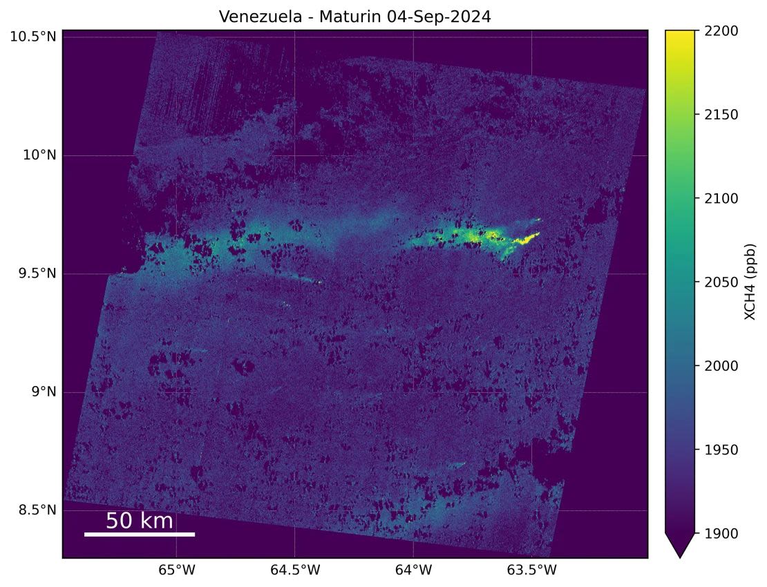 Una imagen que muestra el escape de metano a la atmósfera en Venezuela. (MetanoSAT).