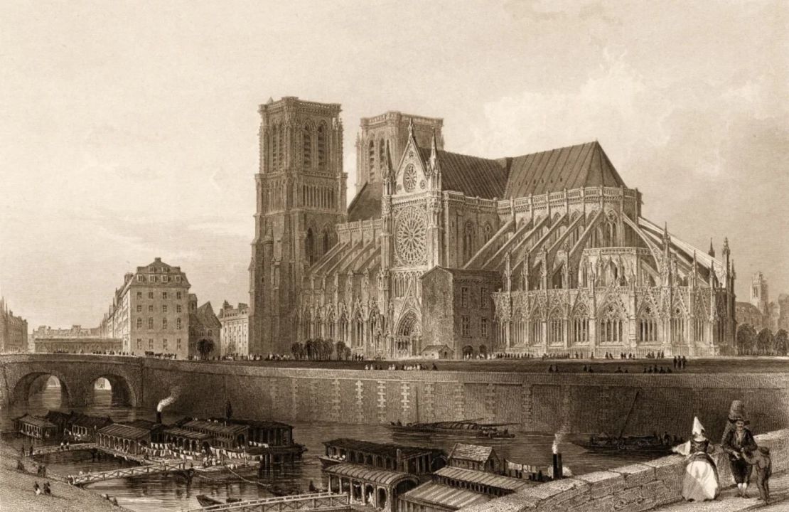 Grabado de finales de la década de 1840 que muestra Notre Dame y el río Sena.