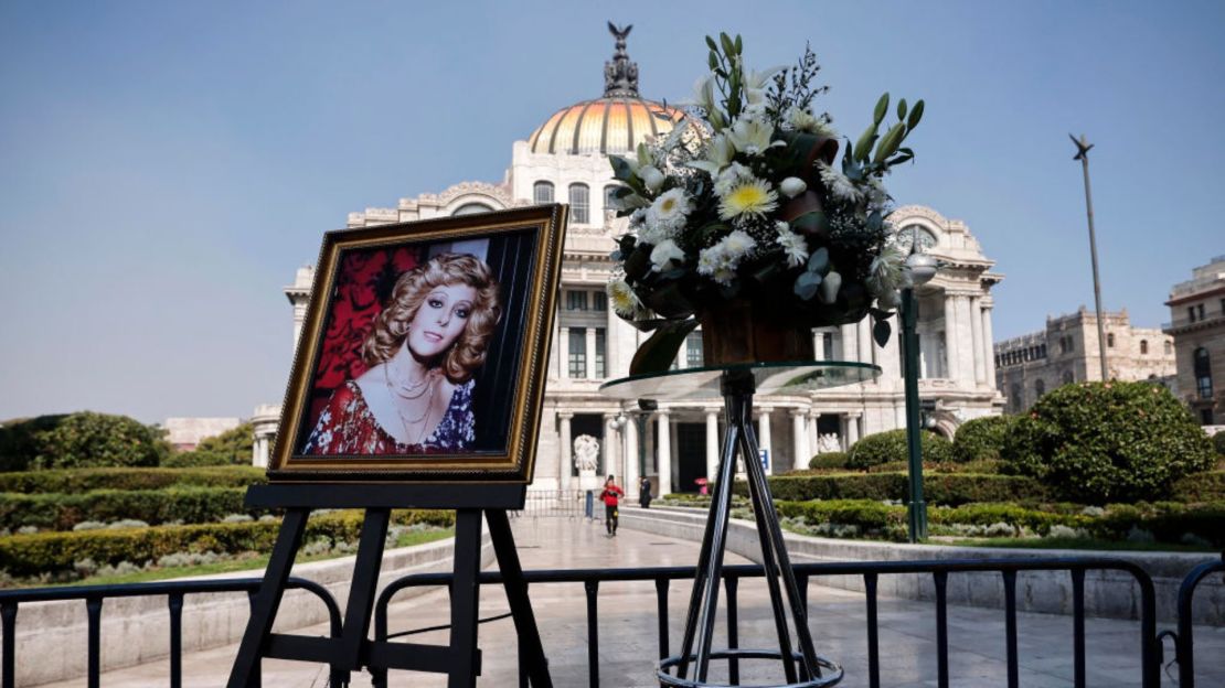 Un retrato de la actriz mexicana Silvia Pinal se exhibe fuera del Palacio de Bellas Artes durante su funeral en la Ciudad de México el 30 de noviembre de 2024.