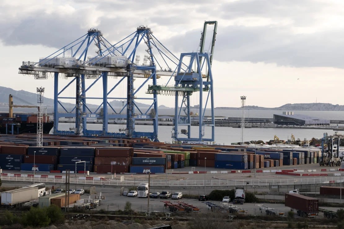 Shipping containers stacked on a dock at the port of Marseille-Fos, in Marseille, France, on January 6, 2023.