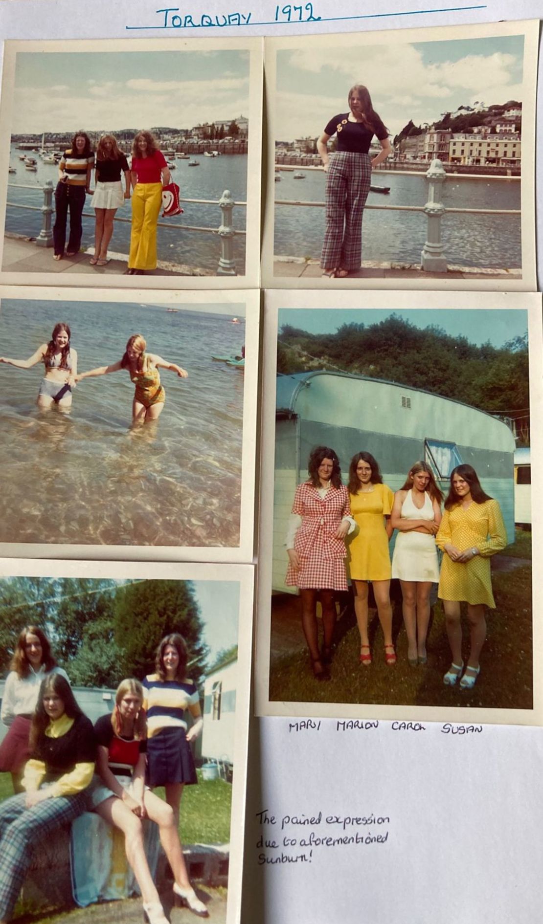 A Sue le gusta llevar álbumes de recortes y fotos de las aventuras de las mujeres. He aquí una página de su álbum de Torquay 1972. Crédito: Cortesía de Sue Morris