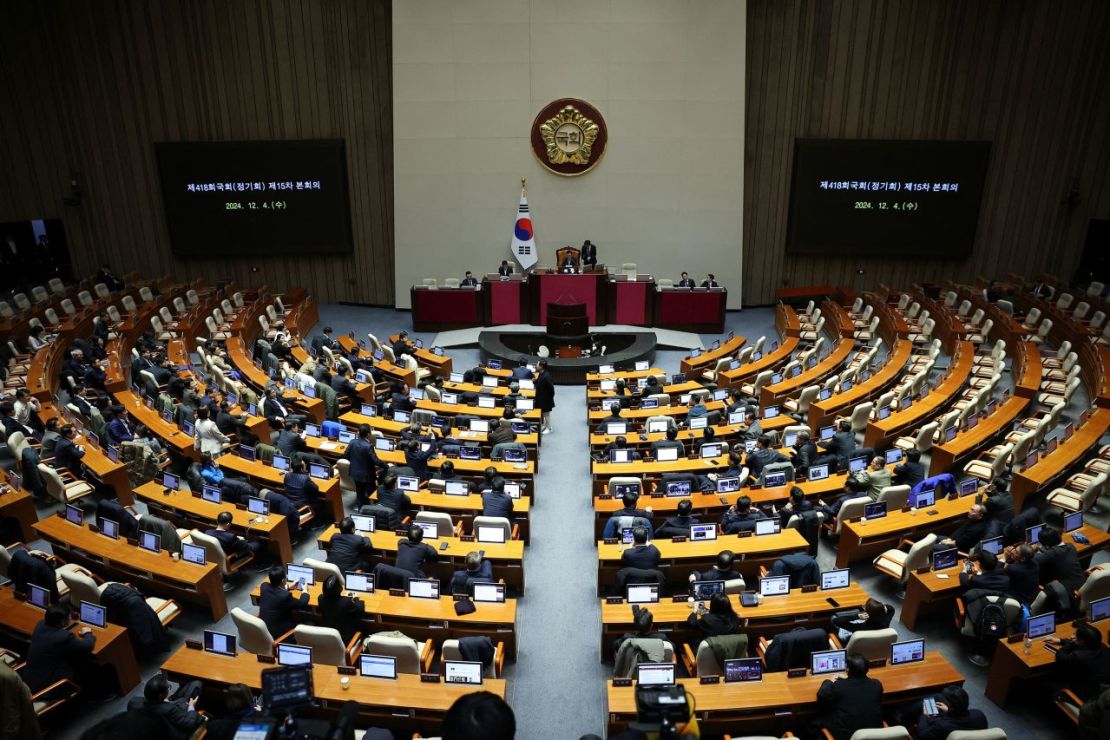 Los legisladores se sientan en la Asamblea Nacional en Seúl en la madrugada del 4 de diciembre. Kim Hong-Ji/Reuters