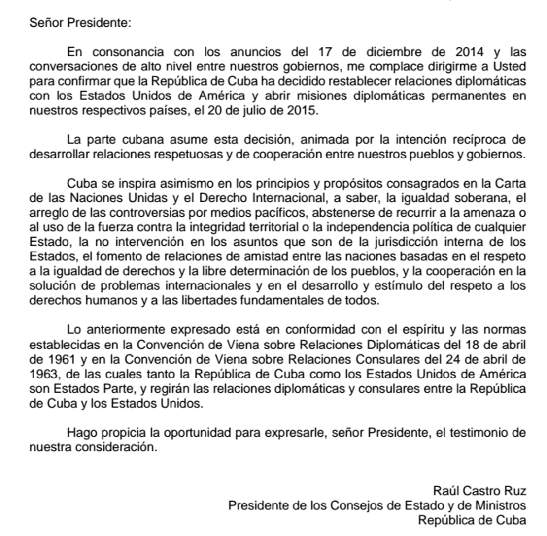 El gobierno cubano envió este documento a su par estadounidense confirmando la fecha de la apertura de las embajadas en ambos países.