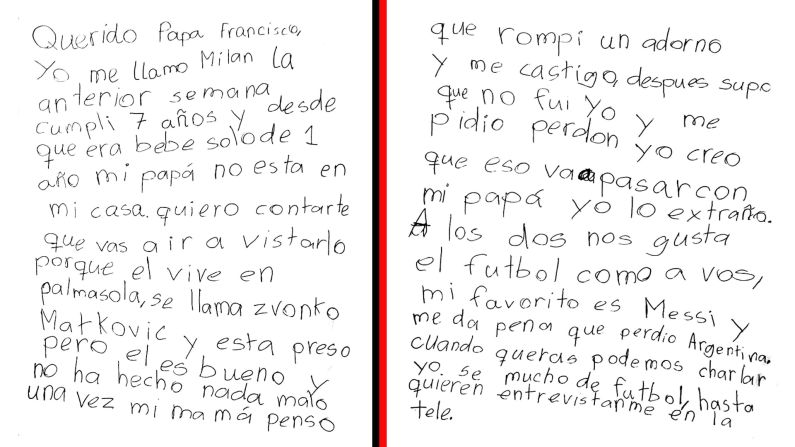 Milán escribió una conmovedora carta al papa Francisco pidiéndole que lo ayude a que su papá vuelva a casa.