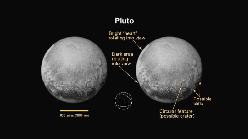 Por primera vez en Plutón, esta imagen revela rasgos lineales que pueden ser acantilados, así como una característica circular que podría ser un cráter.