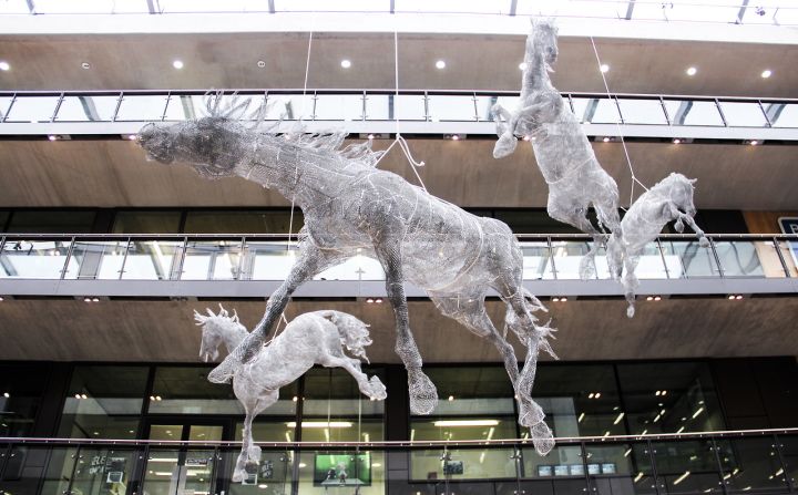 Las esculturas de caballos en tamaño real de Tess Dumon fueron colgadas del techo en el atrio de la escuela de arte Central St. Martins de Londres.