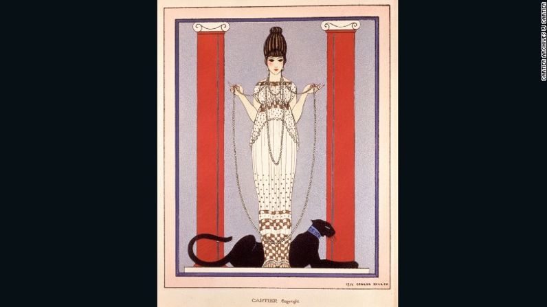 Esta acuarela pintada por el famoso ilustrador de moda francesa, George Barbier, se usó como un anuncio de revista de Cartier a lo largo de la década de 1920.