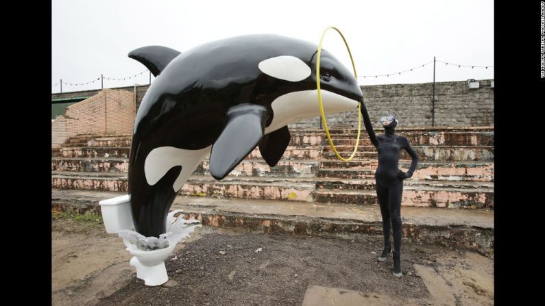 Esta orca saltando de una pieza de inodoro por Banksy, también estaba en el mismo terreno.