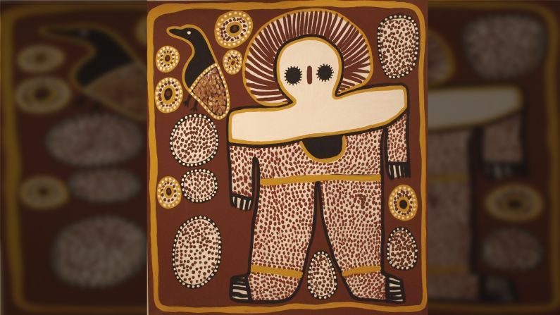 Esta pintura de Lily Karadada muestra el Wandjina, el ser espiritual supremo según los pueblos Worrorra, Wunambal y Ngarinyin de la región de Kimberley. El Wandjina tiene ojos grandes pero no tiene boca, puesto que se dice que esto los haría demasiado poderosos. En la foto, "Wanjina" por Lily Karadada.