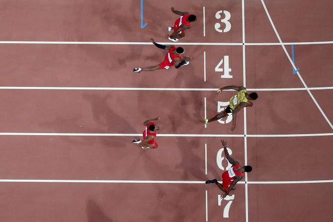 El final de fotografía de los 100 metros planos del Mundial de Atletismo de Beijing, que conquistó Usain Bolt.