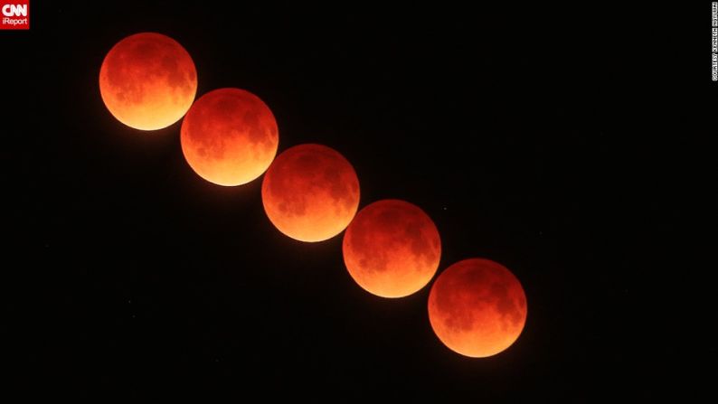 Durante el transcurso del eclipse total, la luna adquiere un tono rojizo, debido a una luz roja y anaranjada que recoge la atmósfera. Este efecto que no representa ningún peligro, se ha ganado el nombre de luna de sangre.