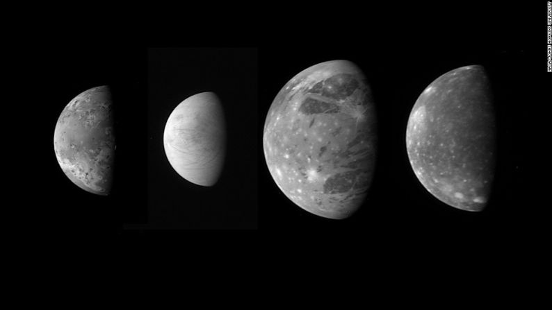 En su camino a Plutón, New Horizons tomó estas fotos de las cuatro lunas "galileanas de Júpiter". Desde la izquierda se ven: Ío, Europa, Ganímedes y Calisto.