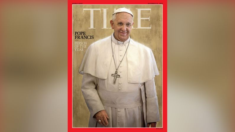 TIME, Diciembre de 2013 — “Francisco, persona del año”. Time lo nombró la persona más importante de ese año por “ponerse en las conversaciones de nuestra época: riqueza y pobreza, imparcialidad y justicia, transparencia, modernidad, globalización, el rol de la mujer, la naturaleza del matrimonio, las tentaciones del poder”. Esta fue la tercera vez que Francisco apareció en la portada de esa revista en menos de un año.