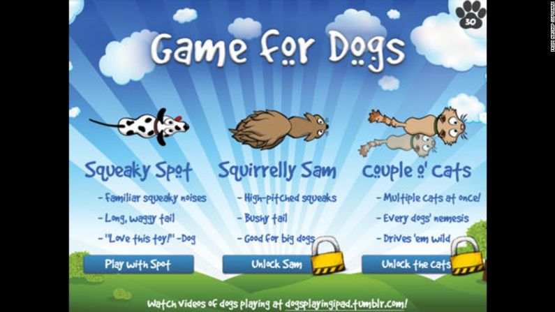 Game for Dogs está disponible en un teléfono inteligente o tableta y permite que las mascotas persigan en la pantalla a un perro, ardilla o un gato que hace ruidos distintivos.