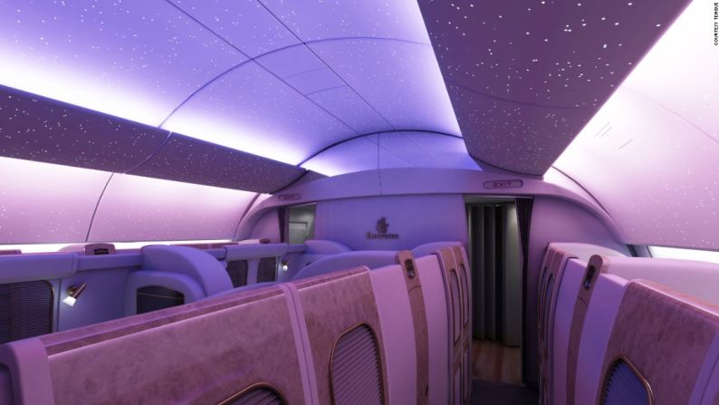 La compañía creó para Emirates Airlines interiores con techos altos que alojan luces LED que emulan el cielo nocturno como se ve en Dubái.