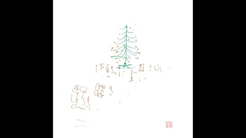 La canción ‘Happy Xmas (War is Over)' de Lennon ha sido un tema navideño constante desde 1971. El mensaje de paz de la canción es tan eterno como este dibujo de un árbol de navidad rodeado de personas. ‘War is over if you want it’ (la guerra ha terminado si usted lo quiere).