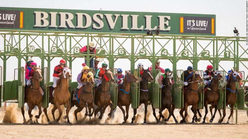 Haz tus apuestas - ¡Allá van! Los 12 participantes de la Copa Birdsville 2015 salen en la carrera de 1,6 km alrededor de una pista de tierra: lo más destacado del encuentro de 13 carreras que ofrece un premio monetario de 140.000 dólares.